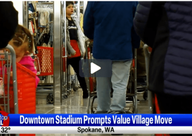 People walking in to a store. Downtown Stadium Prompts Value Village Move. Spokane, WA.